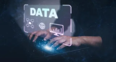 Businessman using a laptop with Analytics and Data Management System on the c Foto stock