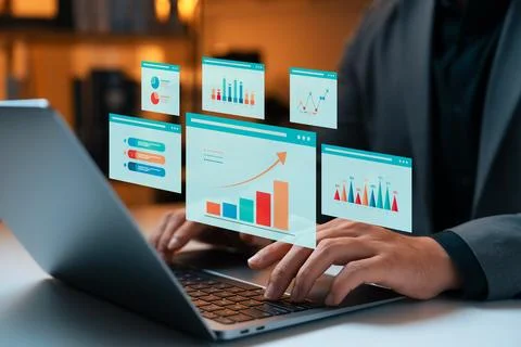 Businessman using laptop analyzing dashboard performance indicators busines.. Stock Photos