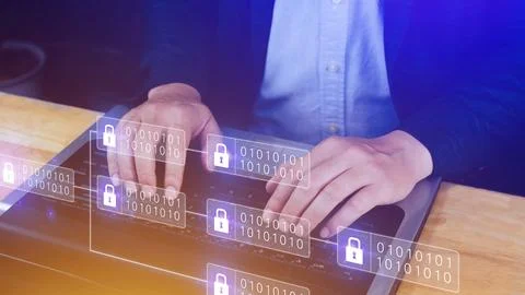 Businessman using a laptop computer to Blockchain technology concept with c.. Foto stock