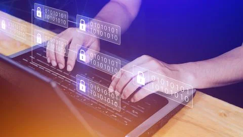 Businessman using a laptop computer to Blockchain technology concept with c.. 스톡 사진