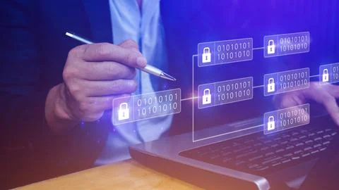 Businessman using a laptop computer to Blockchain technology concept with c.. 스톡 사진