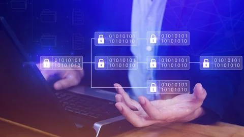 Businessman using a laptop computer to Blockchain technology concept with c.. 스톡 사진