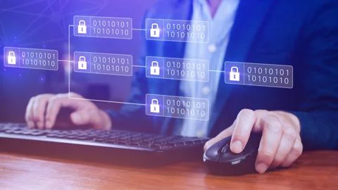 Businessman using a laptop computer to Blockchain technology concept with c.. Foto stock