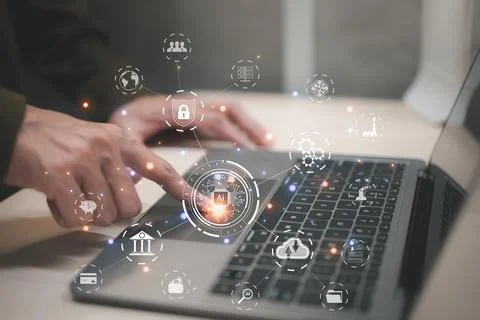 Businessman using a laptop computer. concept of new technology bigdata. 스톡 사진