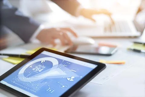 Businessman using laptop computer with customer icon network Stock Photos