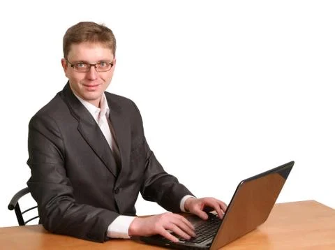 Businessman using laptop computer isolated Stock Photos