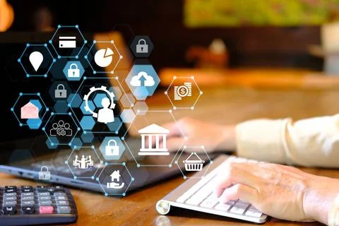 Businessman using laptop computer with online banking and payment digital m.. Stock Photos
