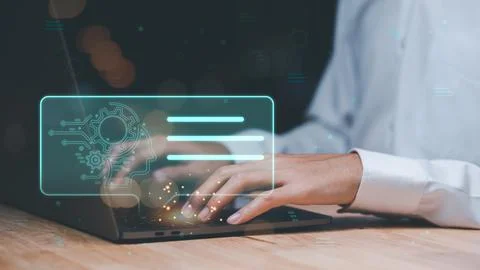 Businessman using a laptop computer,Conversation in the chat box icon,socia.. Foto stock