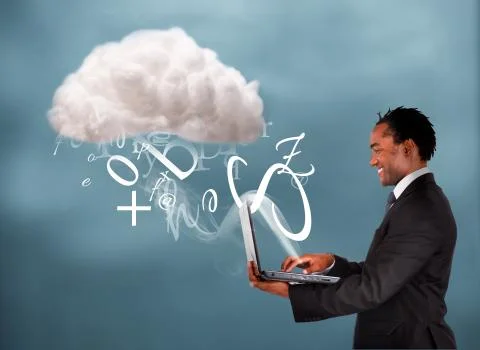 Businessman using laptop to connect to cloud computing Illustrazione stock