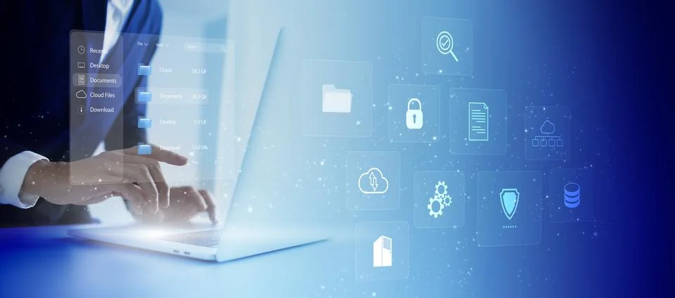 Businessman using laptop to DMS. Document Management System Online Document D Stock Photos
