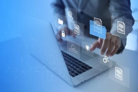 Businessman using laptop to DMS. Document Management System Online Document D Stock Photos