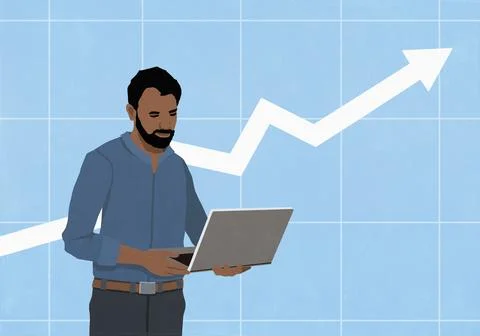 Businessman using laptop in front of ascending arrow on chart Stock Illustration