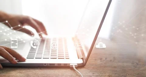 Businessman using laptop on global structure networking and data exchanges Stock Photos