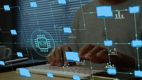 Businessman Using Laptop with Glowing AI and Big Data Graphics Stock Footage 341925113
