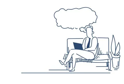 Businessman using laptop idea chat bubble relaxing sofa business plan concept Stock Illustration
