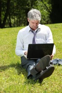 Businessman using laptop on a meadow Stock Photos
