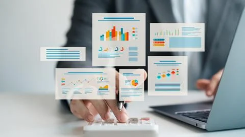 Businessman using laptop performance indicator dashboard, economic growth a.. Stock Photos