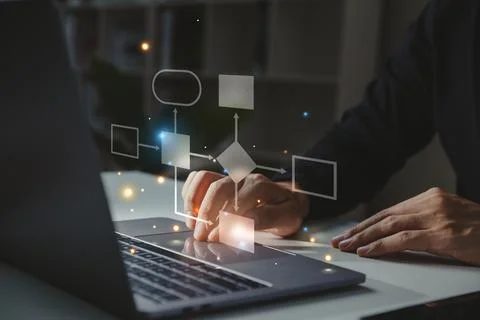 Businessman using laptop with process flowchart. Stock Photos
