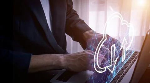 Businessman using laptop to store data with cloud computing technology Foto stock