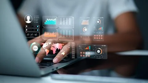 Businessman using laptop with virtual data analytics icons, world map and f.. Stock Photos