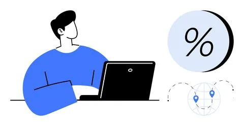 Businessman using a laptop while analyzing percentage data and global markers Stock Illustration