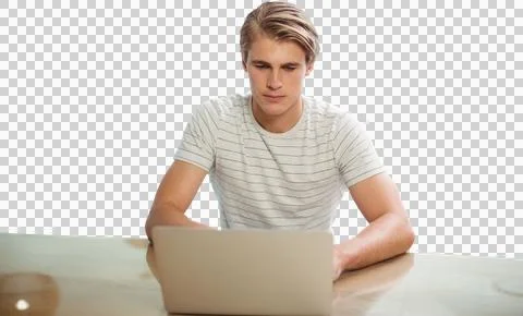 Businessman using laptop while sitting at table against white background Stock Photos