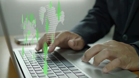 Businessman using laptop with world map and virtual tree icons. Net zero Video stock 245632162