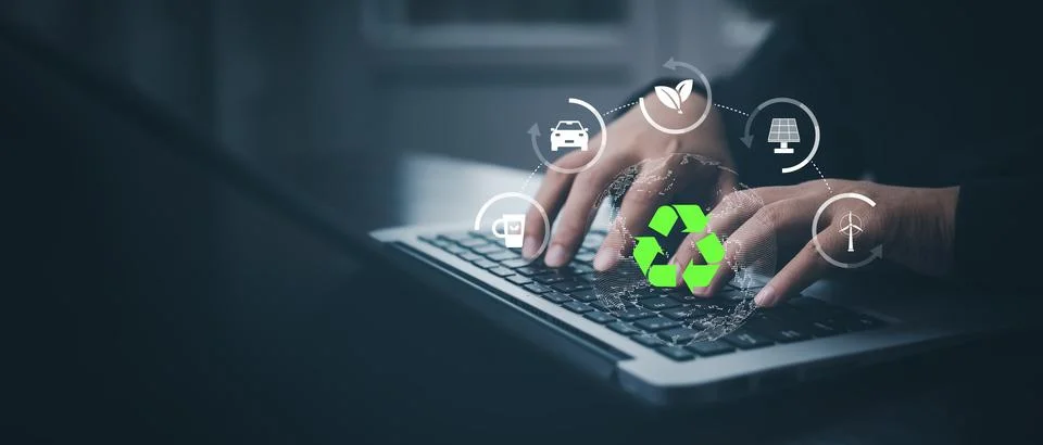 Businessman using laptops and touch recycle symbol with virtual modern reduce Stock Photos