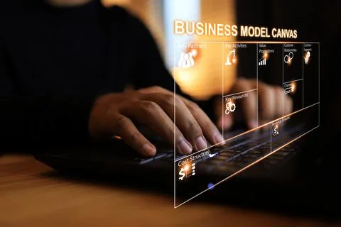 Businessman using laptops to plan his business by tools of business model can Fotos de archivo