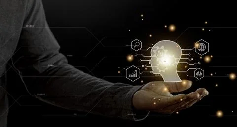Businessman using light bulbs icon intelligence Ai. Chat bot with AI Artifi.. Stock Photos
