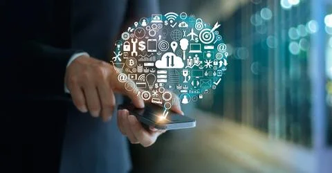 Businessman using mobile with icon network connection. 스톡 사진