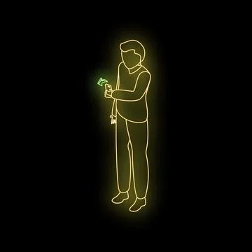 Businessman using mobile payment app neon sign on black background Stock Illustration