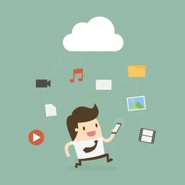 Businessman Using Mobile Phone With Cloud And Media Icon. Stockillustratie