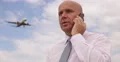 Businessman Using Mobile Phone Talk Business Problem Airport Plane Landing Area 4k or 4k+ Resolution