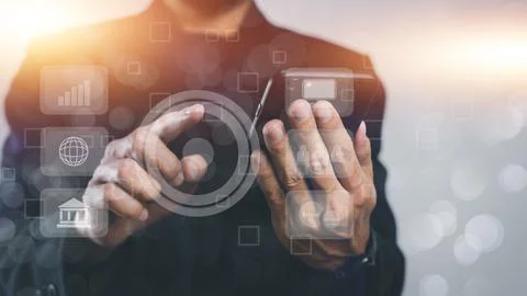 Businessman using mobile smartphone application Social media concept Stock Photos