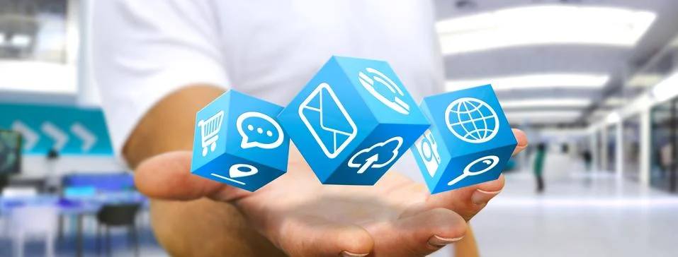 Businessman using modern cube interface Stock Photos