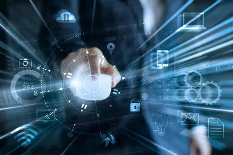 Businessman using mouse global networking data exchanges and payments online Stock Photos