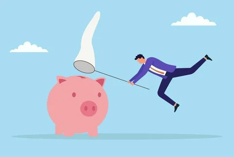 A businessman using a net to catch savings from a piggy bank Stock Illustration