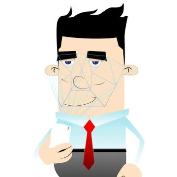 Businessman using a new technology of face recognition. Vector cartoon illust Stock Illustration