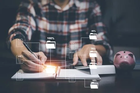 Businessman using pen write folder of document Management System,  online doc Stock Photos