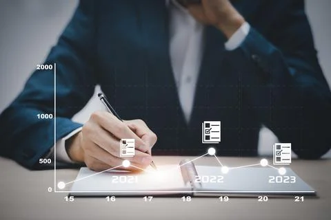 Businessman using pen write folder of document Management System,  online doc Foto stock