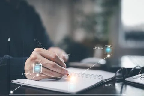 Businessman using pen write folder of document Management System,  online doc Stock Photos