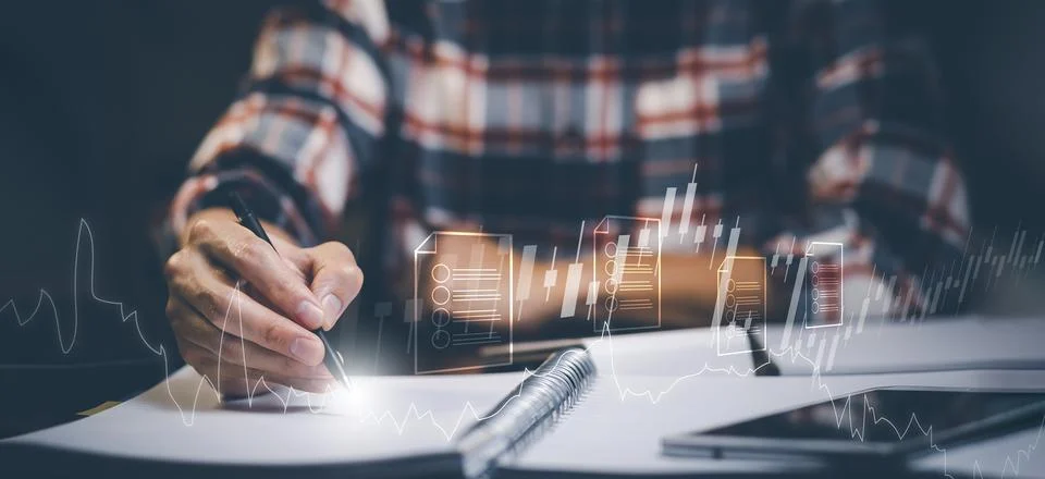 Businessman using pen write folder of document Management System,  online doc Stock Photos