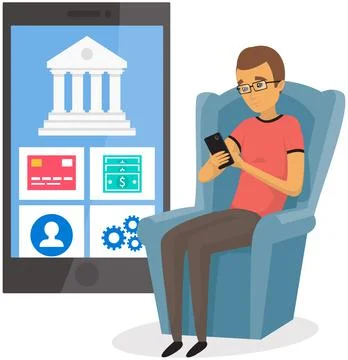 Businessman is using program for banking. Man looking at screen with app for 스톡 일러스트