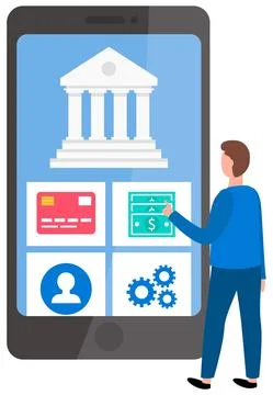 Businessman is using program for online banking. Man presses the button for Stock Illustration