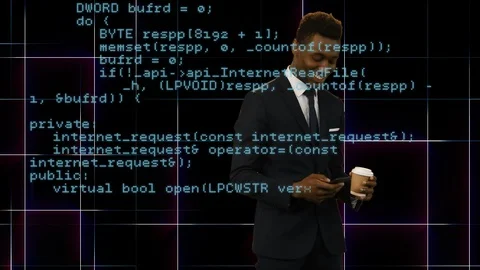 Businessman using a smart coffee while drinking coffee Stock Footage 107704129