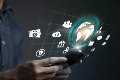 Businessman using smart phone to do online transactions with internet technol Stock Photos