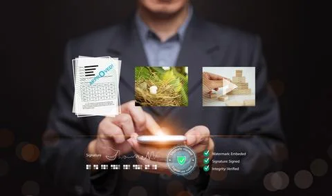 Businessman using a smartphone to access verified digital documents, nature.. Stock Photos