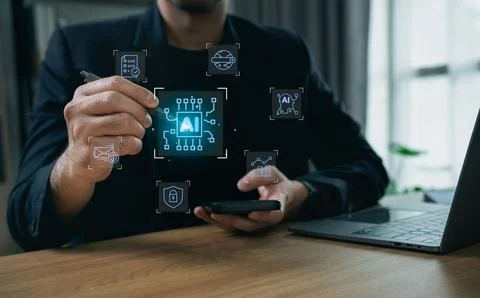 Businessman Using Smartphone with Artificial Intelligence, Machine Learning.. 写真素材