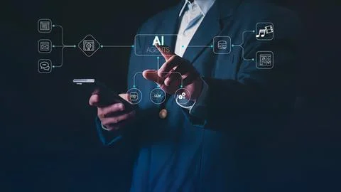Businessman using smartphone with artificial intelligence icons Stock Photos